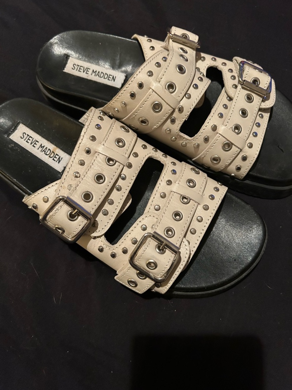 Steve Madden Beige Studded Double Buckle Slide Sandals